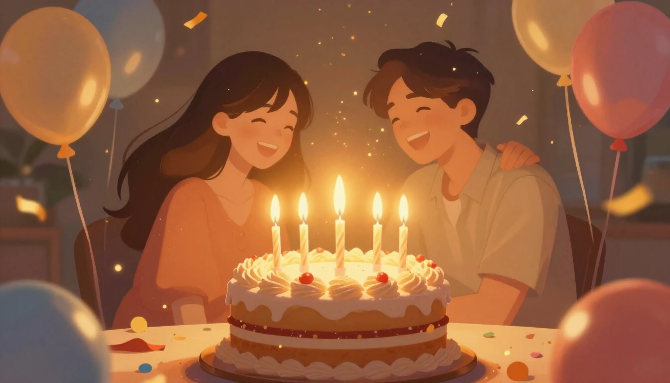 A warm and festive illustration celebrating a birthday. In t...