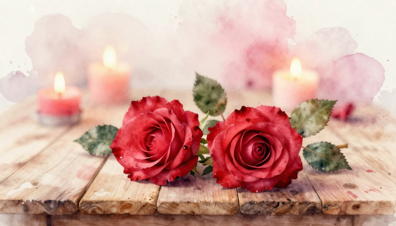 A soft watercolor painting of two delicate red roses intertw...