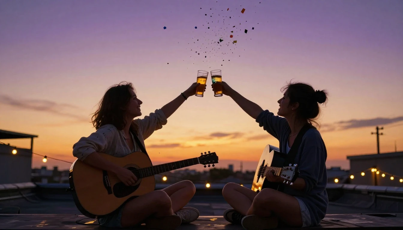 A vibrant and joyful scene celebrating friendship. Two frien...