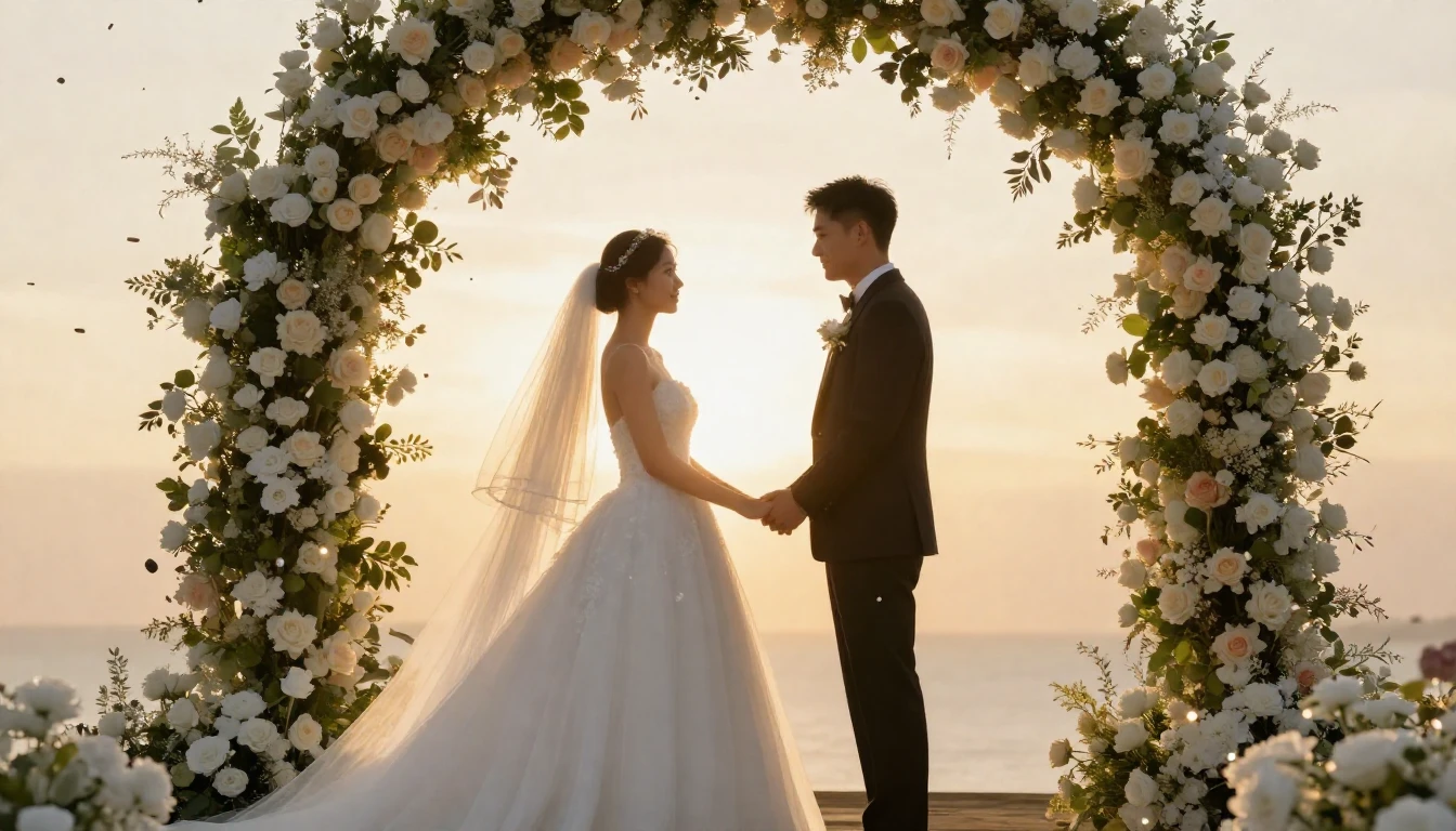 A romantic and magical wedding scene depicting the silhouett...