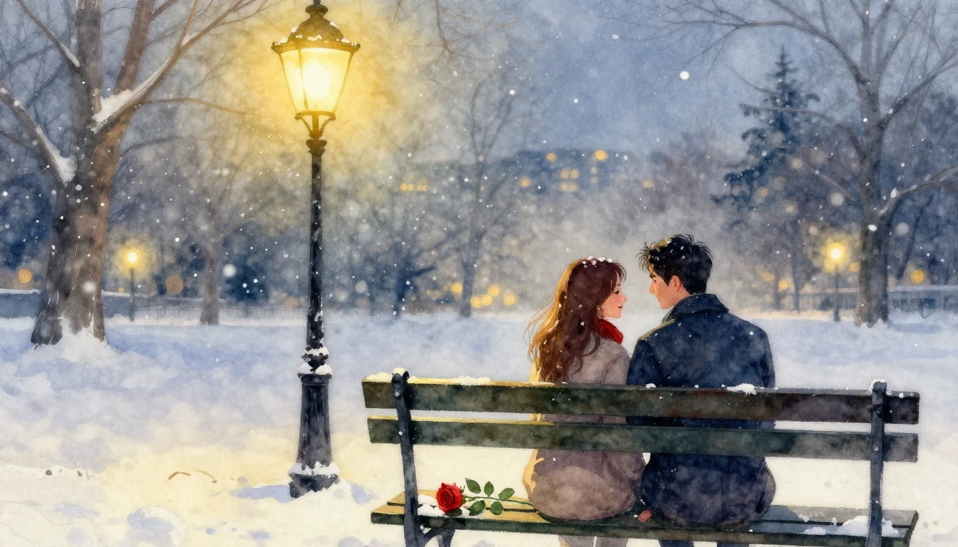 A romantic watercolor painting focusing on a couple holding ...