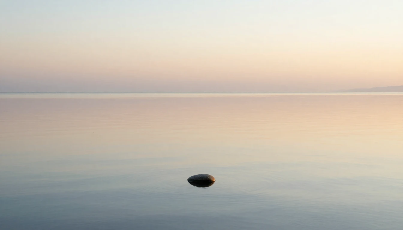 A vast, calm lake under a soft, golden hour sky. The water i...