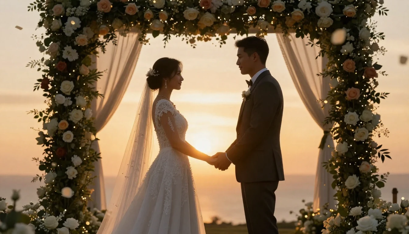A cinematic shot of a bride and groom holding hands under a ...