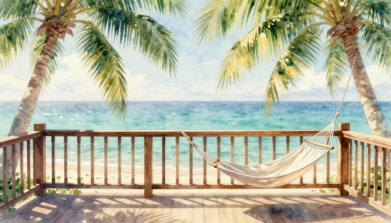 A peaceful landscape featuring a cozy wooden balcony overloo...