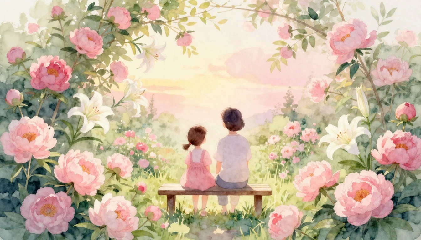 A soft watercolor painting of a blooming garden filled with ...