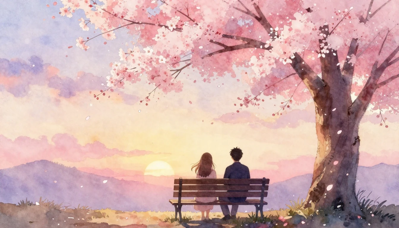 A soft watercolor painting of two silhouettes sitting on a b...