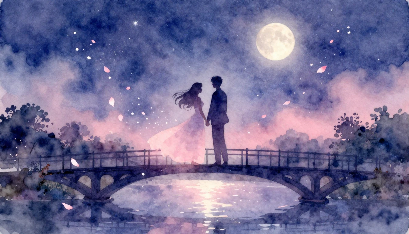 A beautiful and soft watercolor painting depicting two silho...