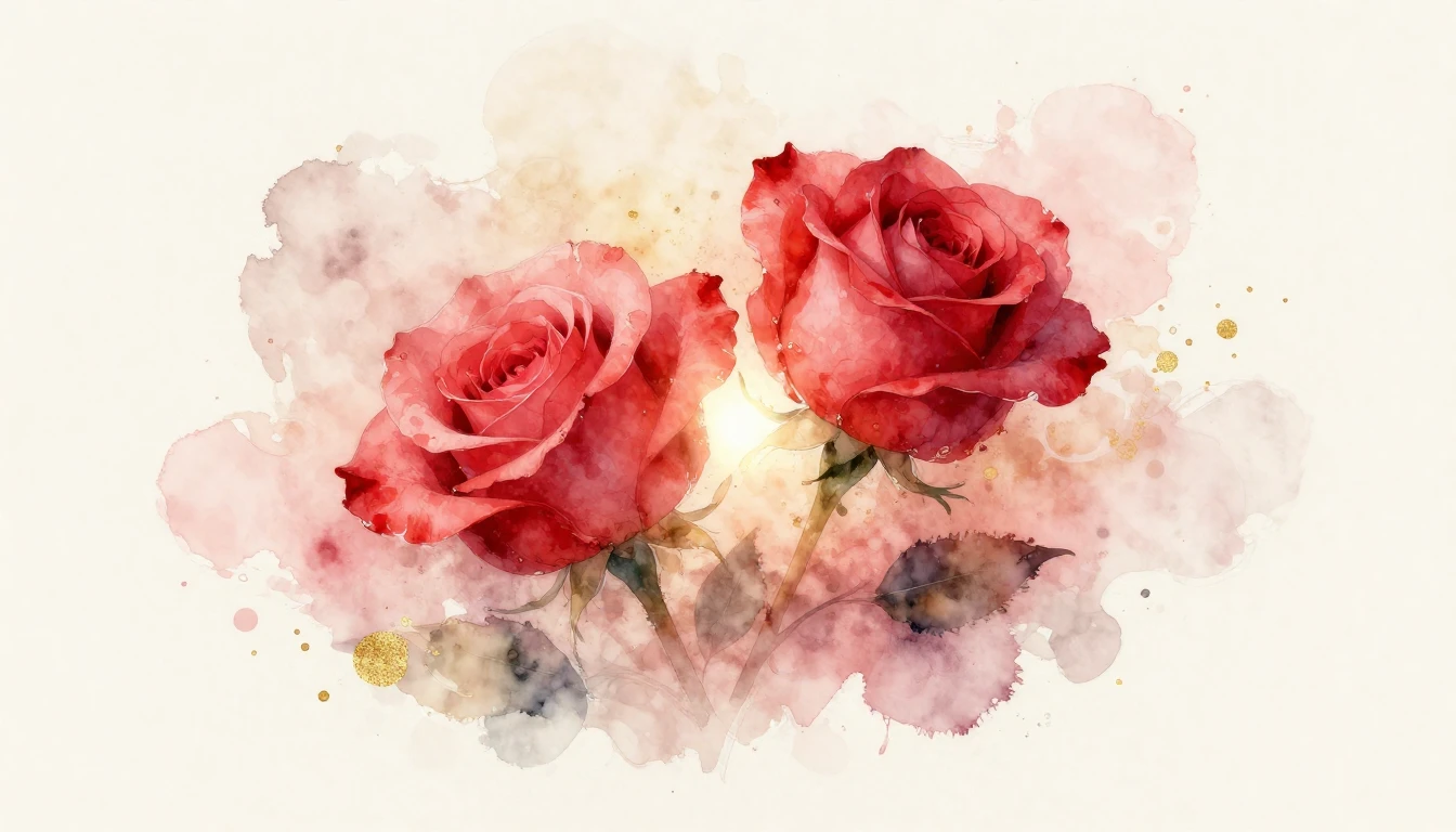 A beautiful watercolor painting of two delicate red roses in...