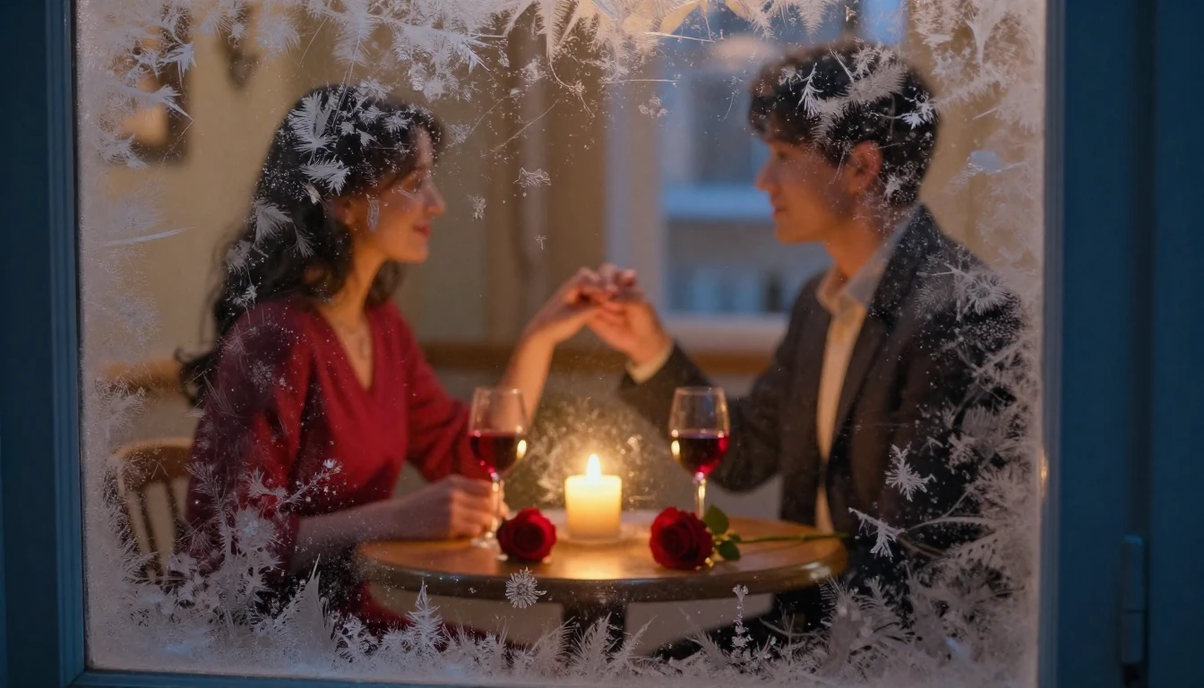 A romantic and cozy interior scene viewed through a window p...
