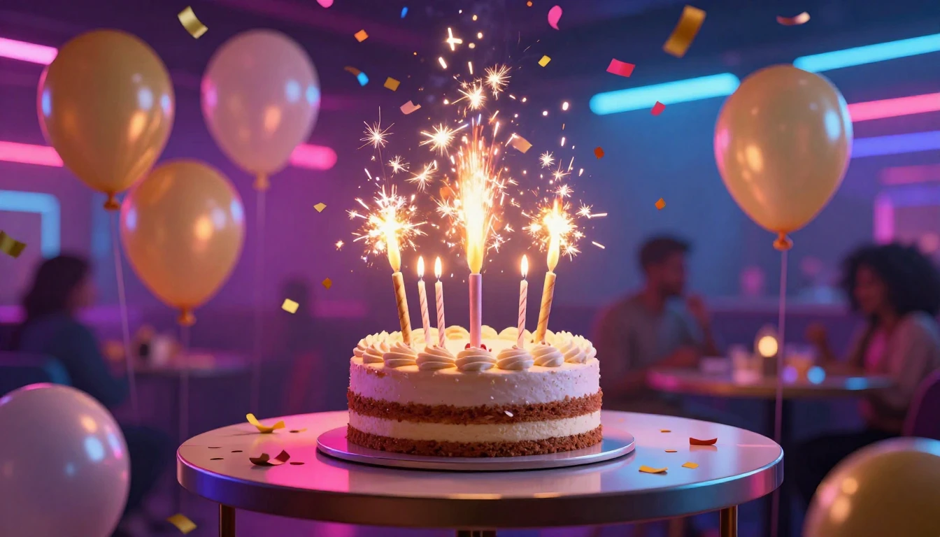 A vibrant and festive birthday concept art. In the center, a...