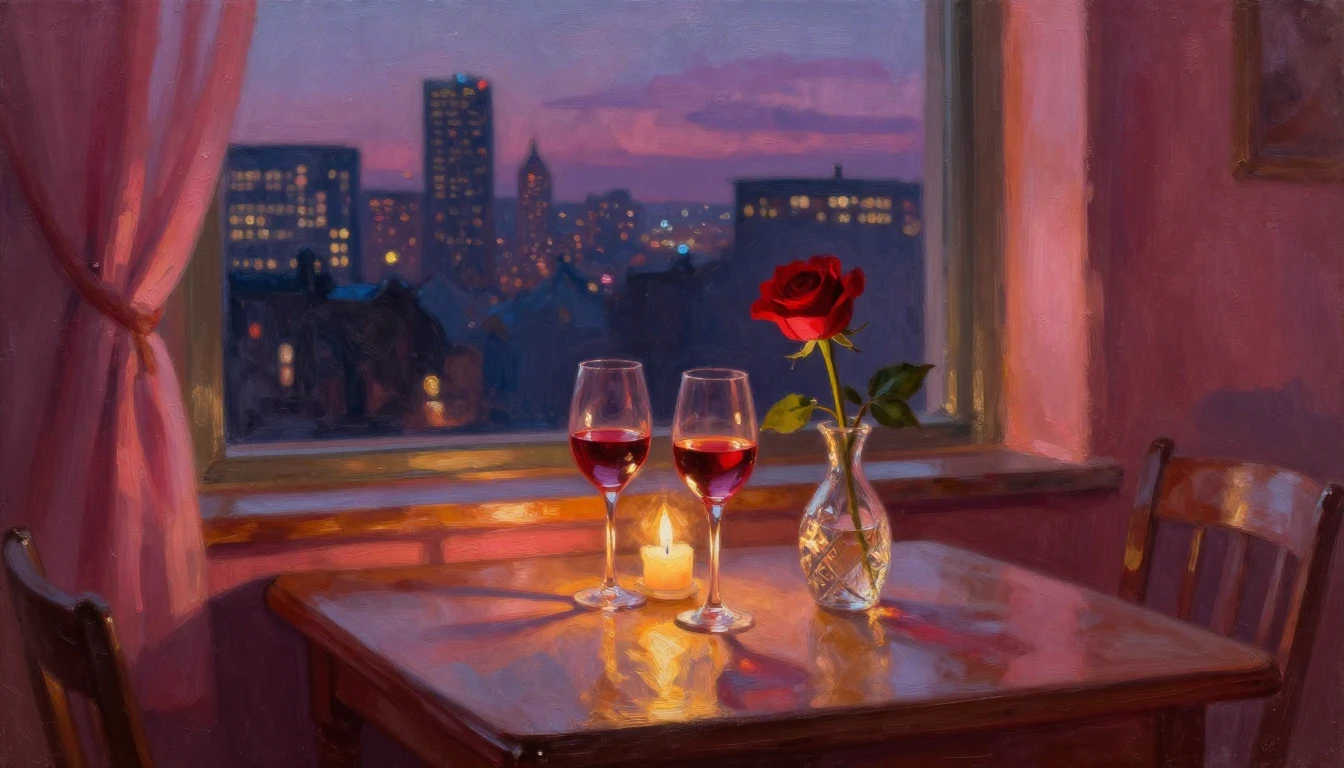 An impressionist oil painting of a cozy, dimly lit room over...