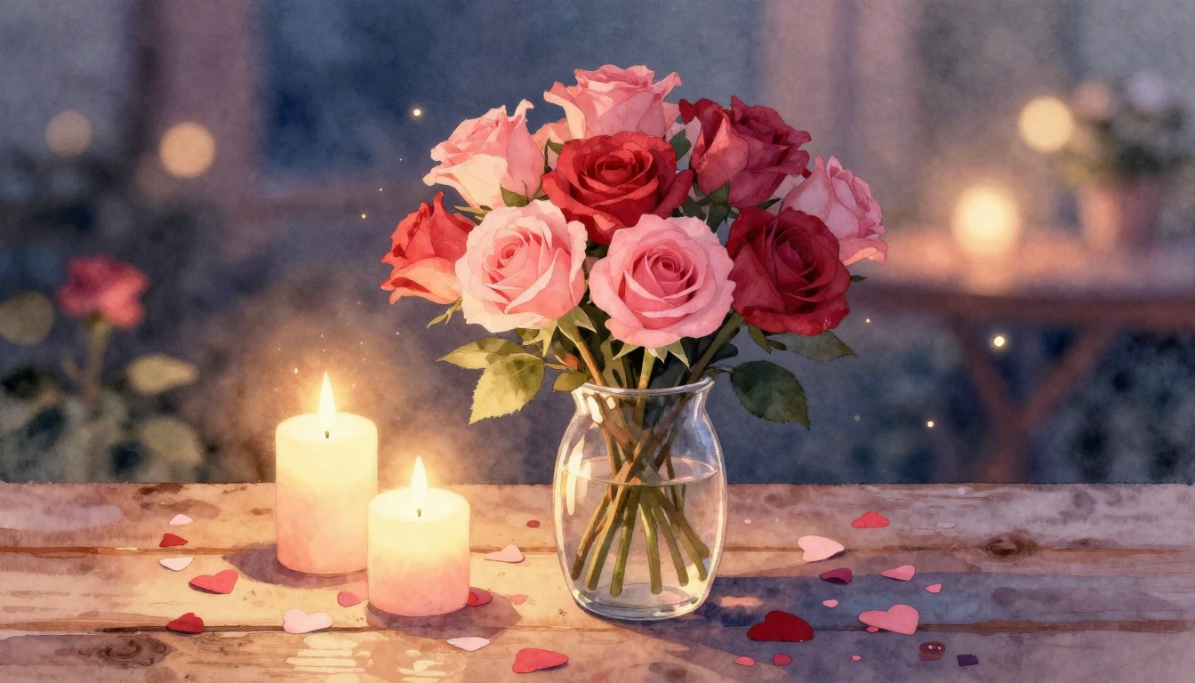 A beautiful watercolor illustration of a romantic setting. I...