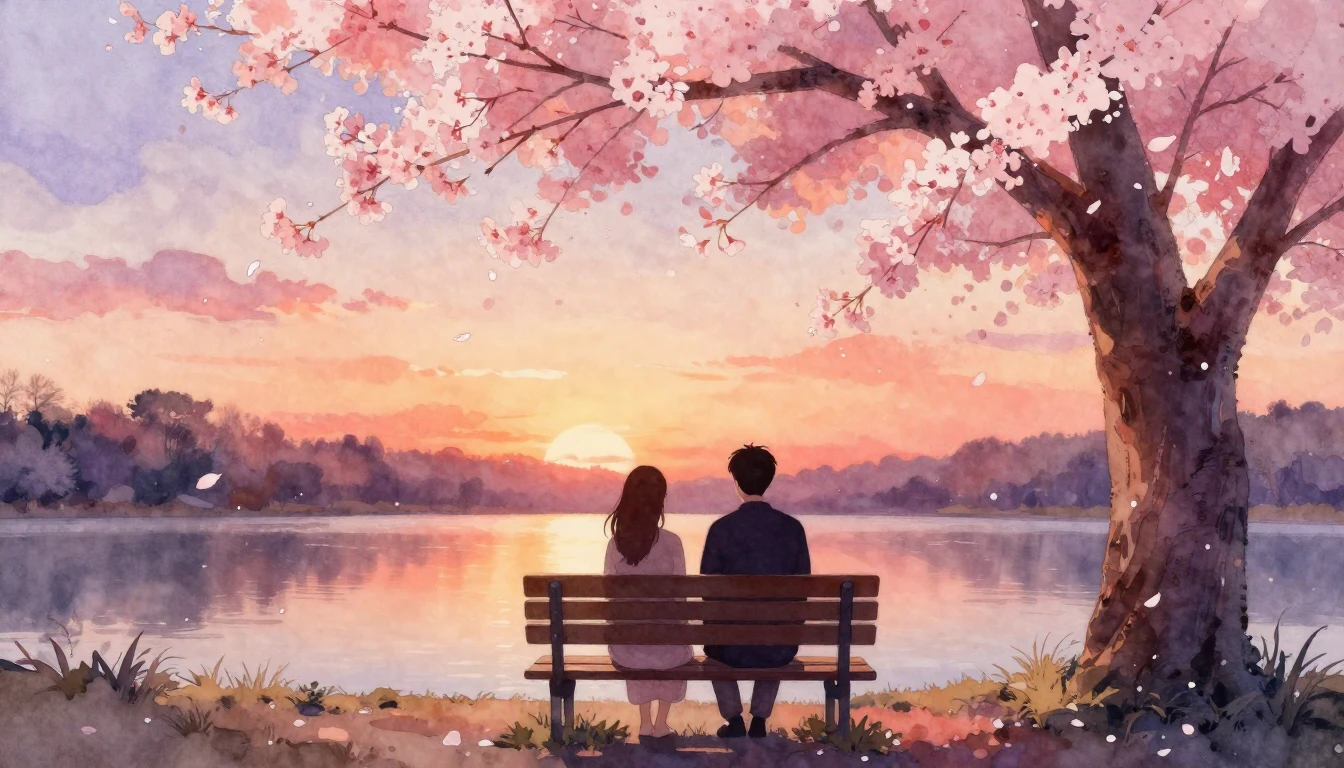 A soft watercolor painting of two silhouettes sitting togeth...