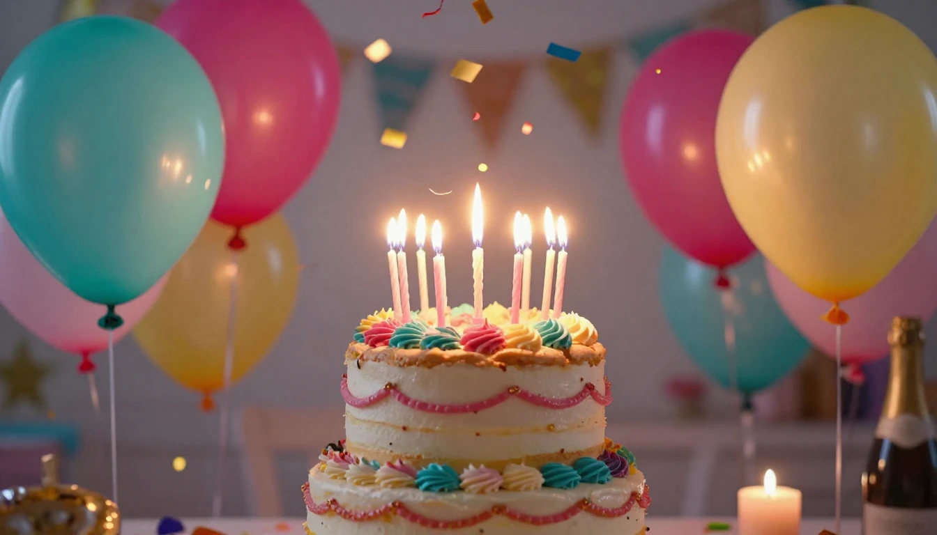 A vibrant and joyful birthday celebration scene. In the cent...