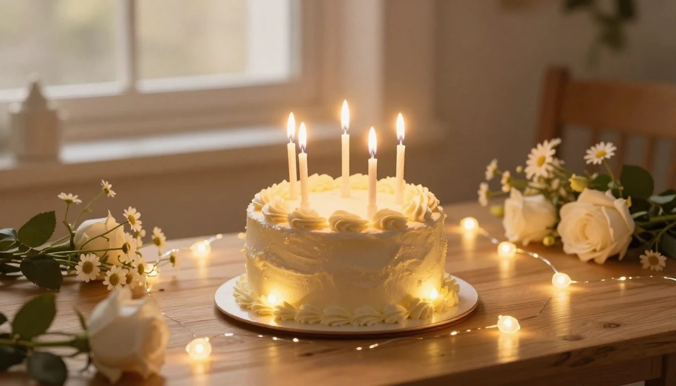 A heartwarming scene of a beautiful glowing birthday cake wi...