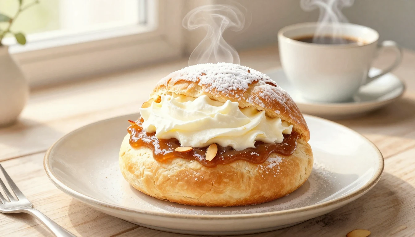 A beautiful close-up of a traditional Swedish semla bun on a...