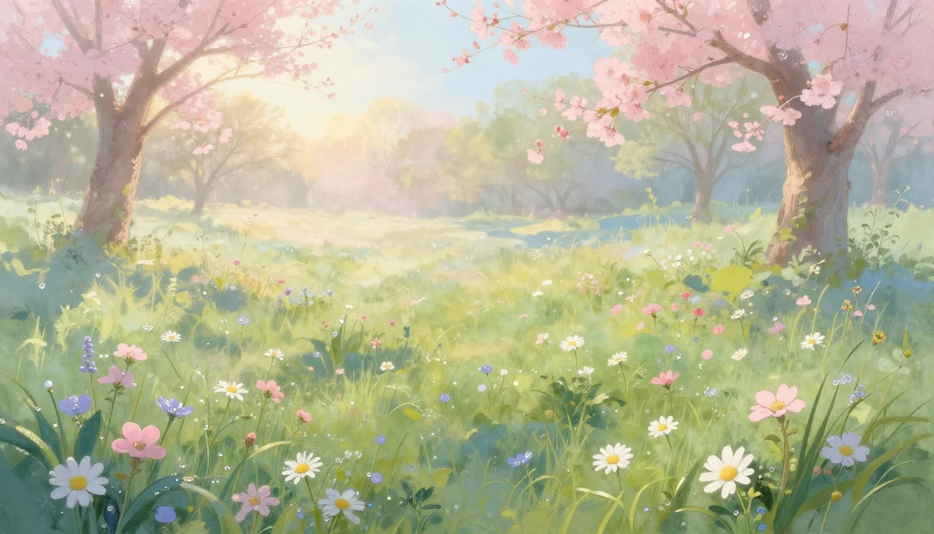 A delicate painting depicting a sun-drenched meadow at dawn....