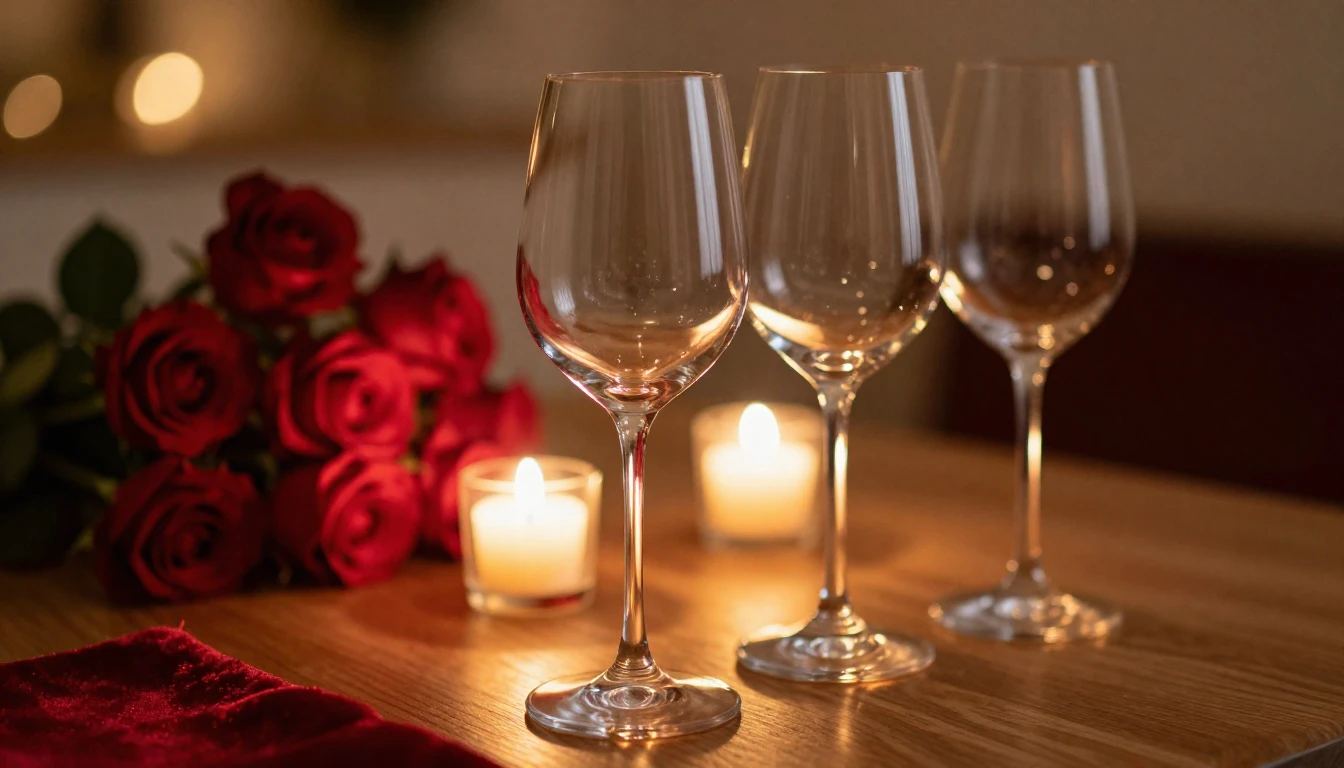 A close-up of two elegant wine glasses on a wooden table, so...