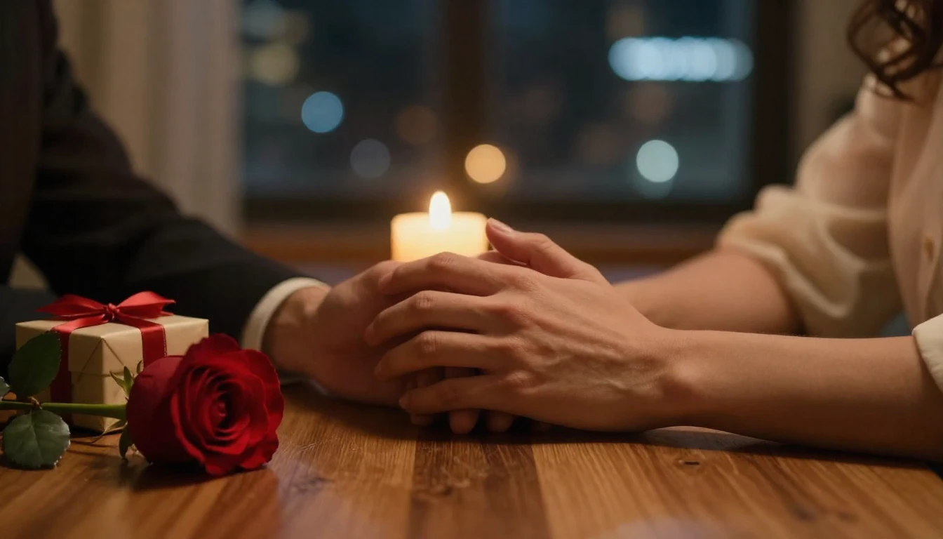 A cinematic close-up shot of an intertwined couple's hands r...