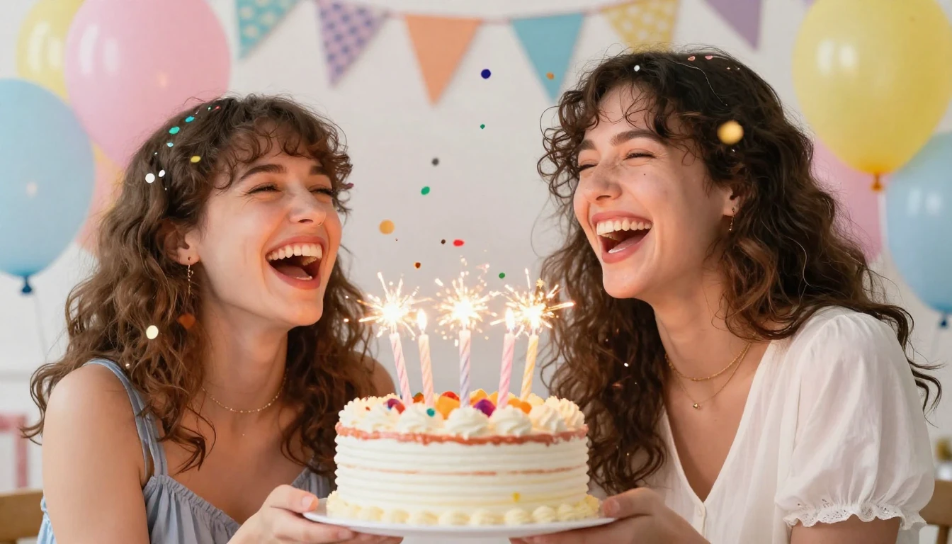 Two best friends laughing joyfully together holding a birthd...