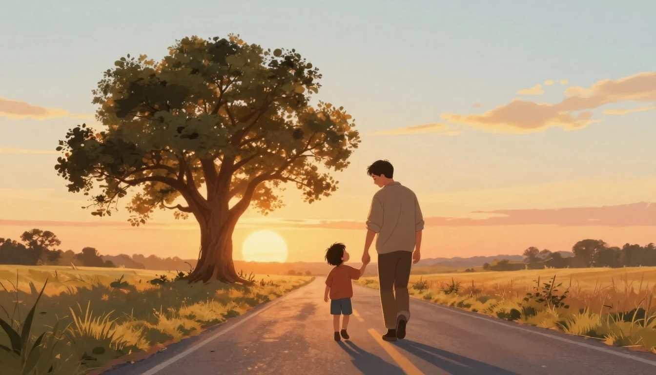 A heartwarming illustration of a father and child walking ha...