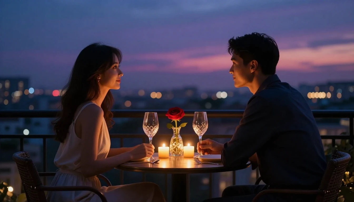 A breathtakingly romantic scene featuring a small table set ...