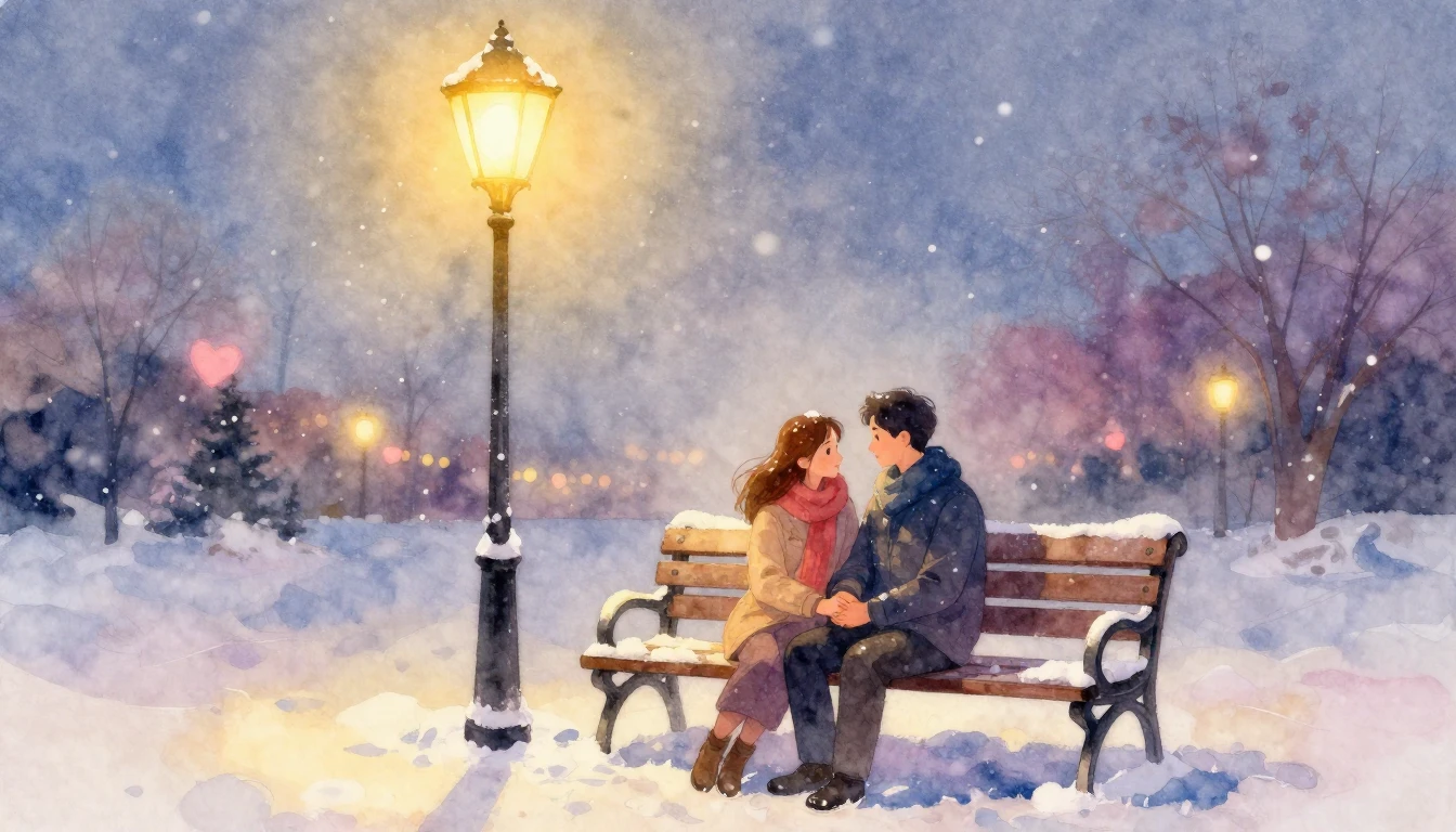 A soft and dreamy watercolor painting depicting a couple sit...