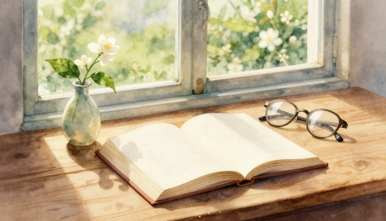 A beautiful watercolor illustration of an open book on a woo...