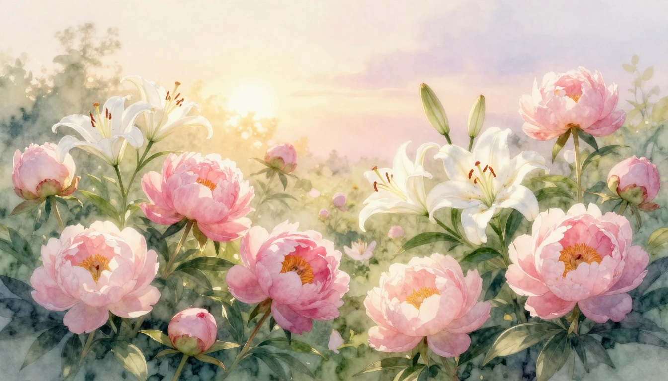 A beautiful, soft watercolor painting of a blooming garden a...