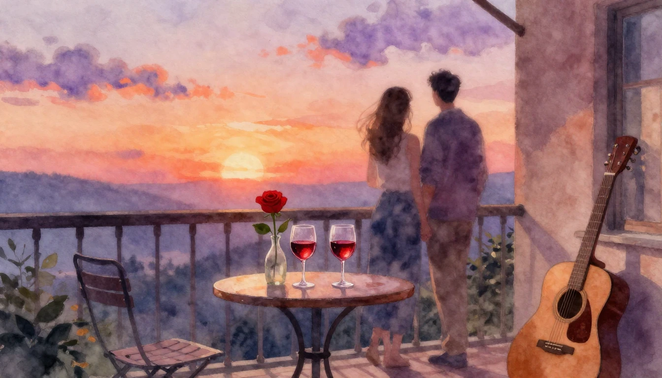 A romantic scene painted in soft watercolor style. A cozy ba...