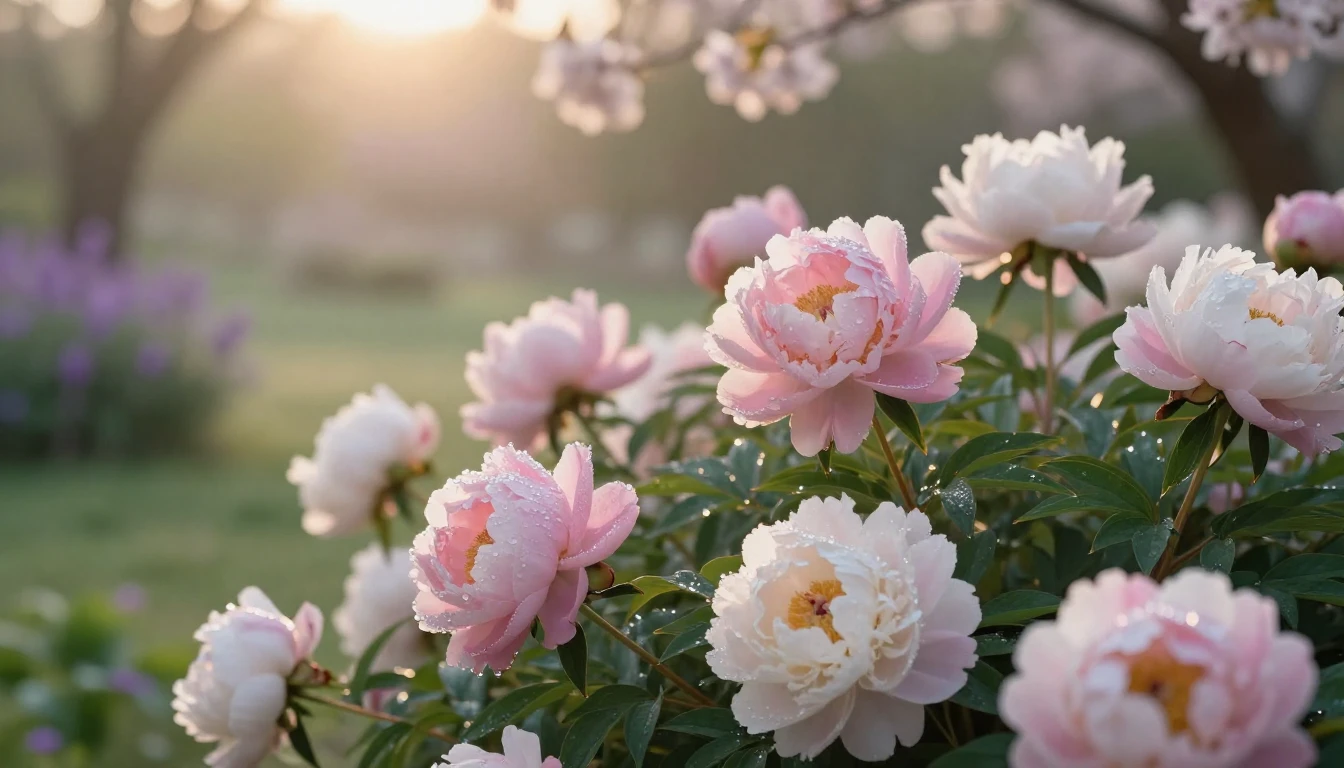 A breathtaking scene of a lush spring garden at sunrise. Sof...