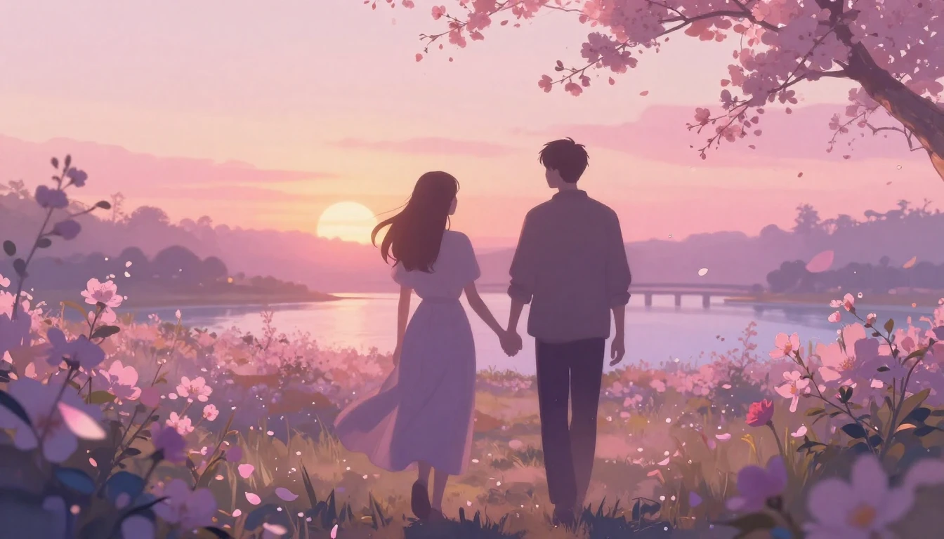 A soft and ethereal scene depicting two silhouettes walking ...