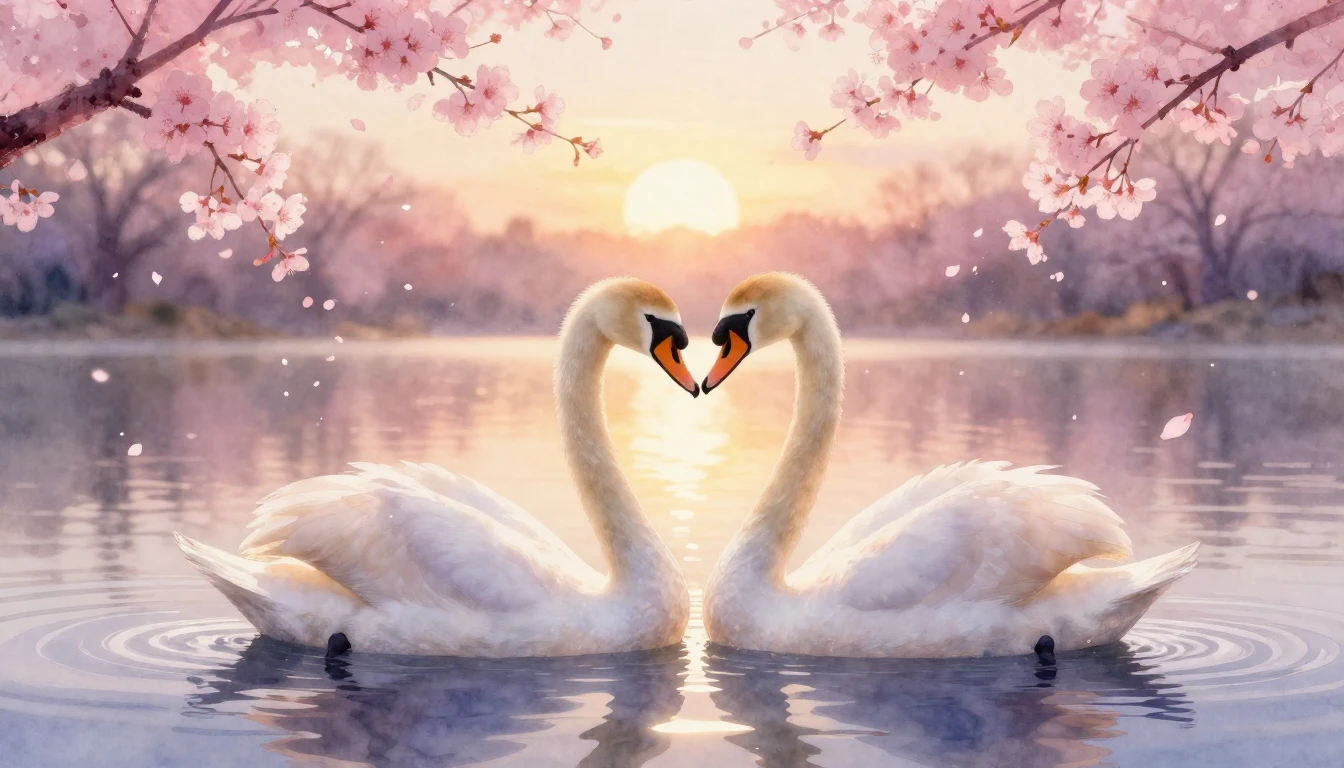 A delicate watercolor painting of two elegant swans forming ...