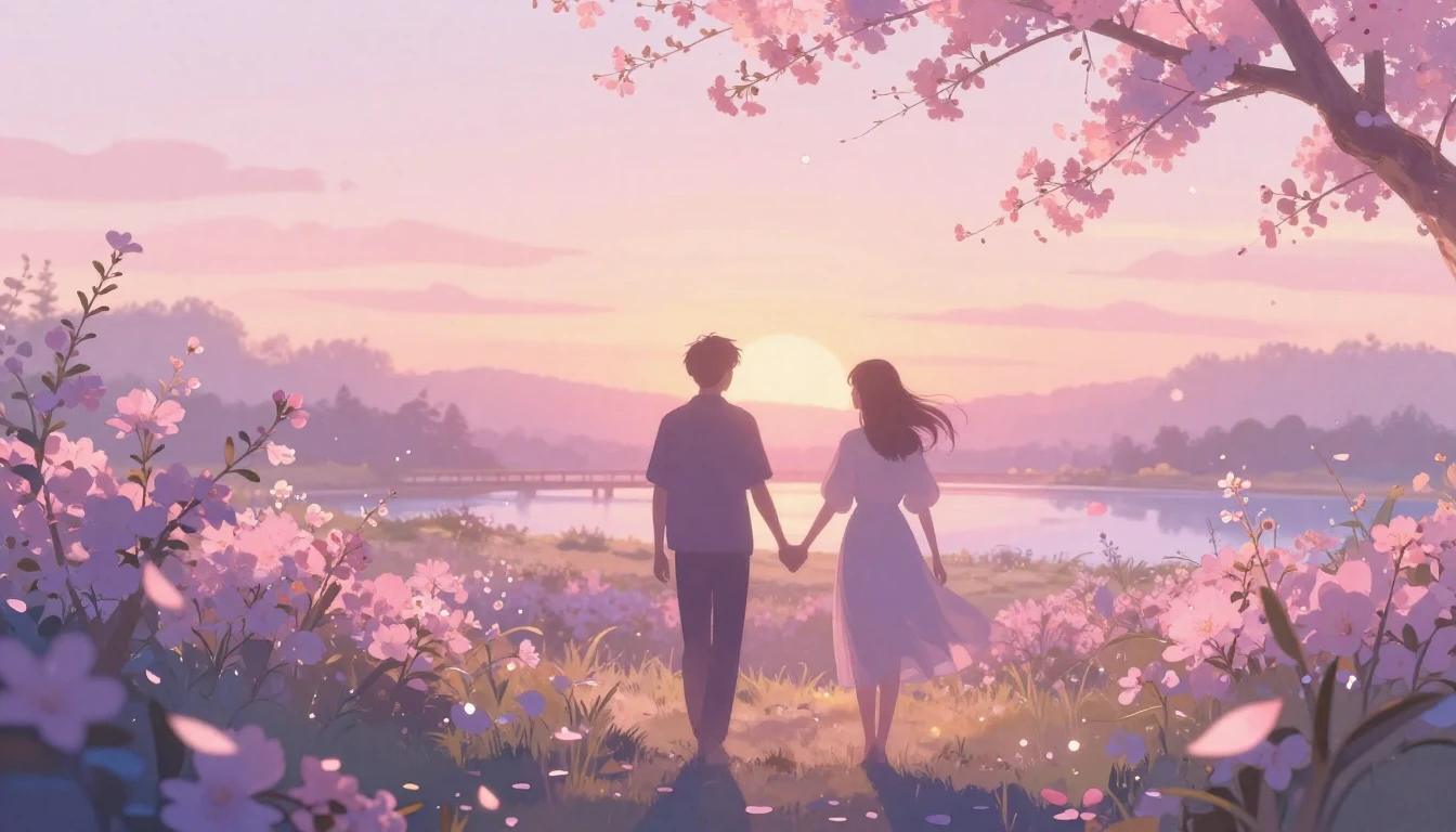 A soft and ethereal scene depicting two silhouettes walking ...