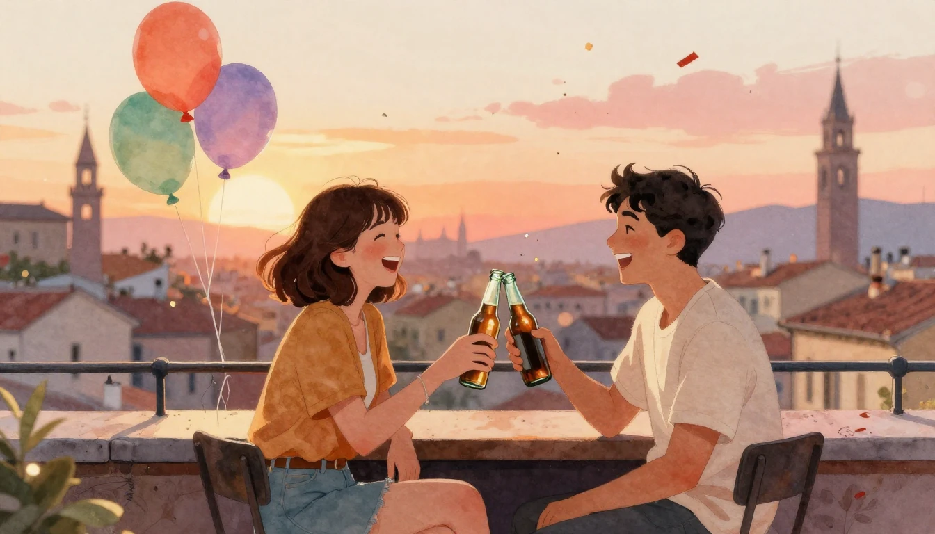 A heartwarming watercolor illustration of two friends sittin...