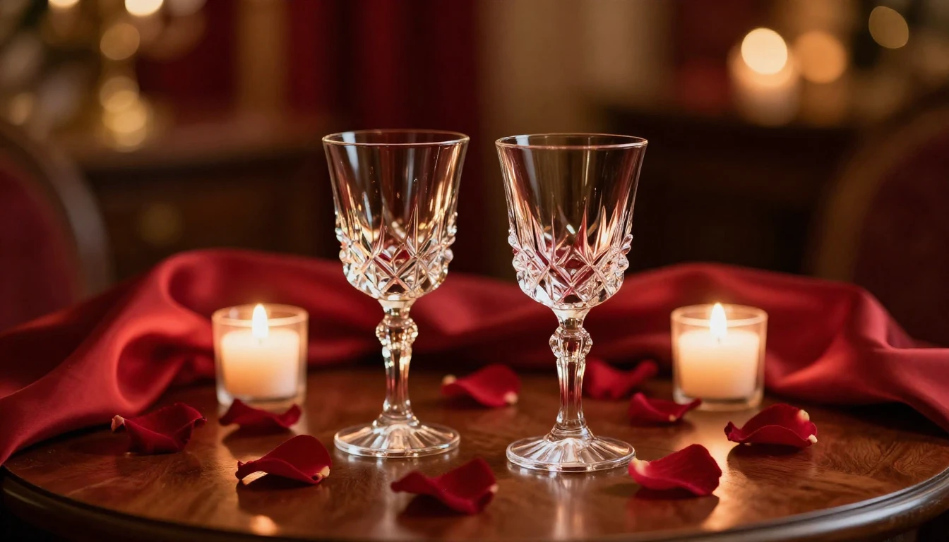 A close-up cinematic shot of two elegant crystal glasses on ...