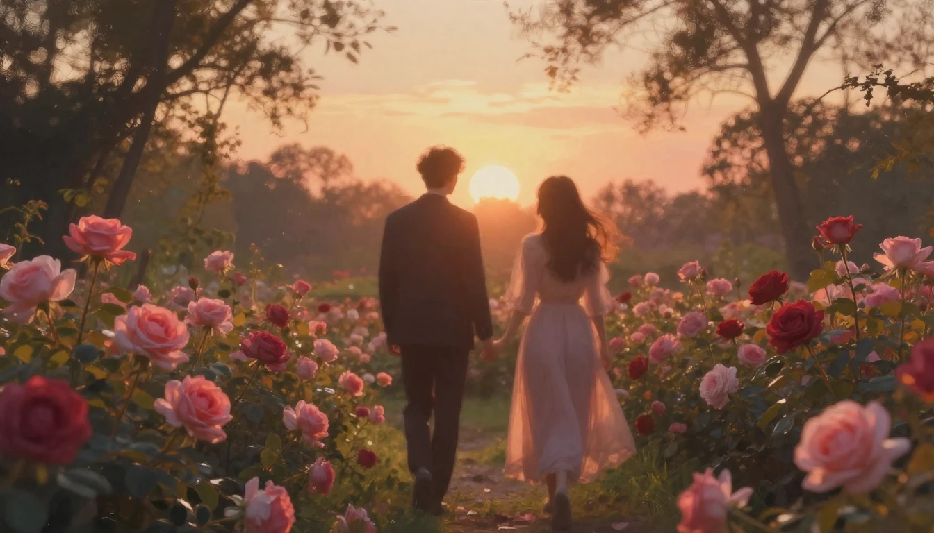 A dreamy and ethereal scene of two silhouettes walking throu...