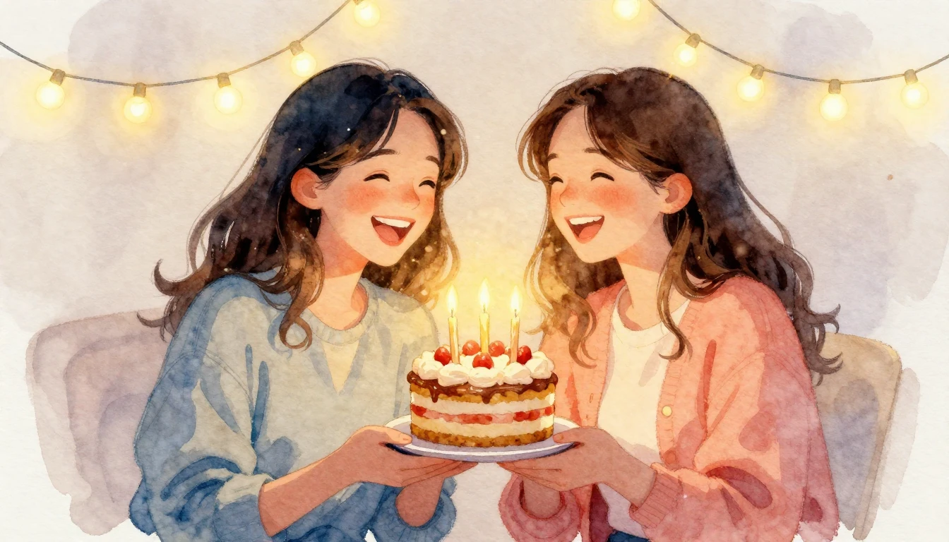 A beautiful watercolor painting of two friends laughing toge...