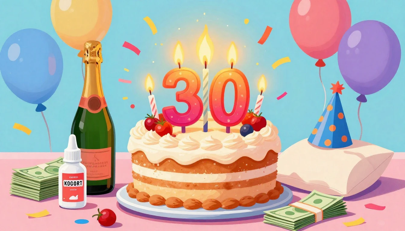 A humorous and colorful birthday illustration featuring a ch...