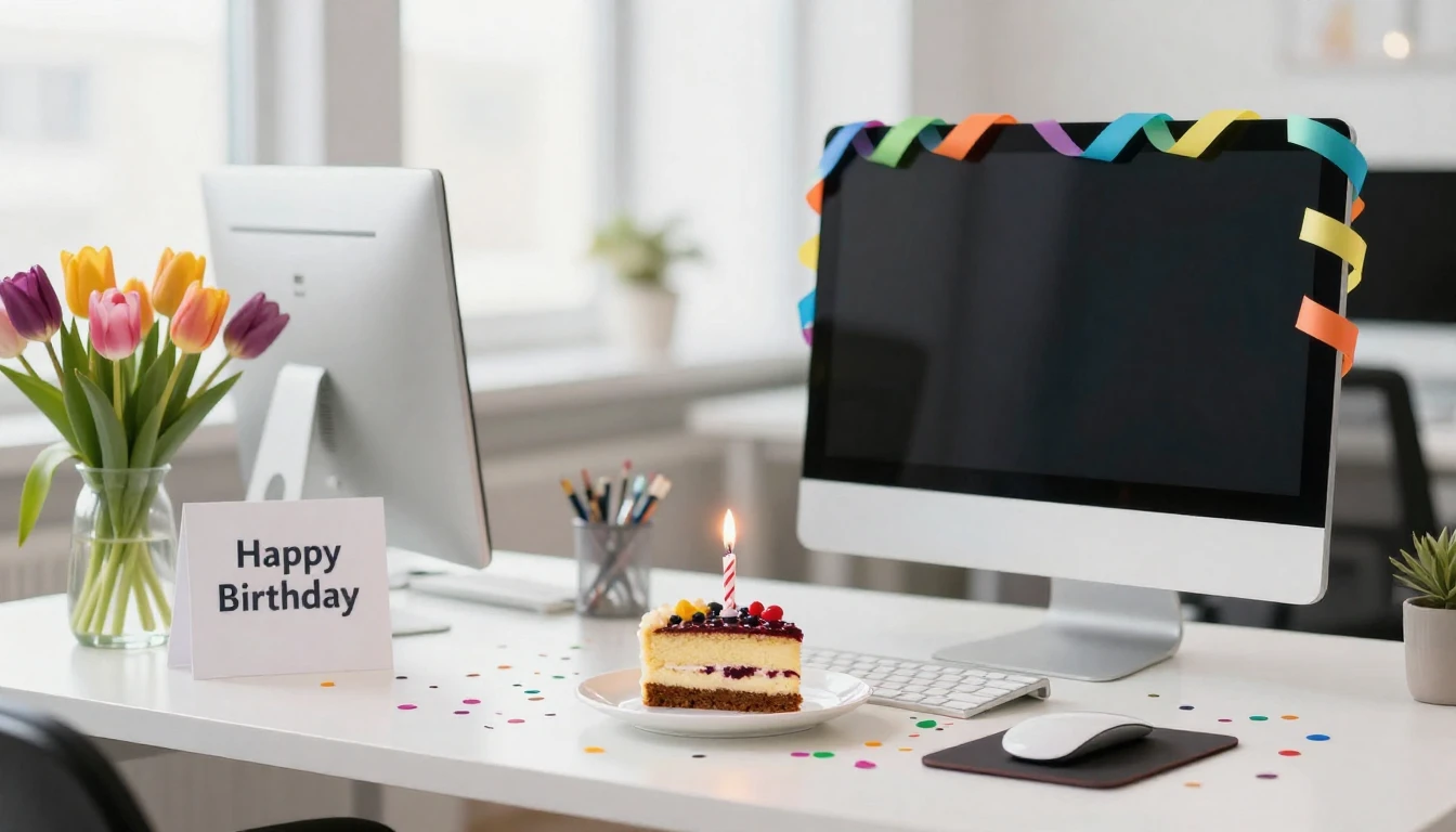 A festive and bright office desk scene celebrating a birthda...