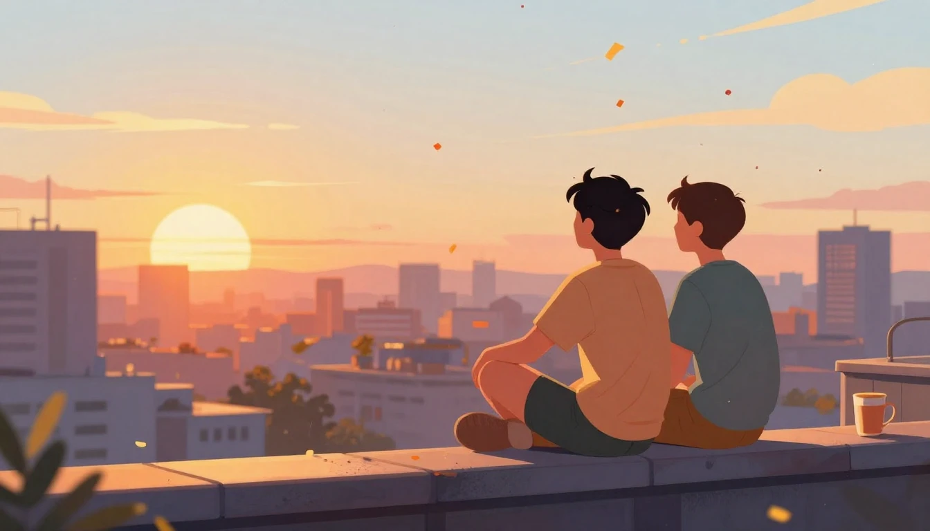 A warm and nostalgic illustration of two friends sitting on ...