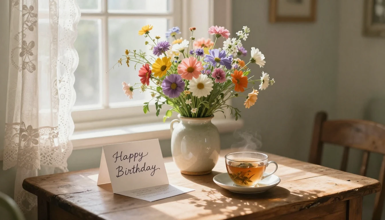 A beautiful, cozy still life composition featuring a bouquet...