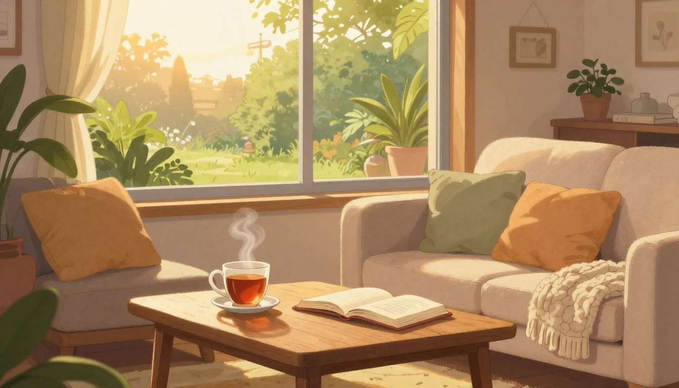 A cozy living room at sunset with warm golden light streamin...