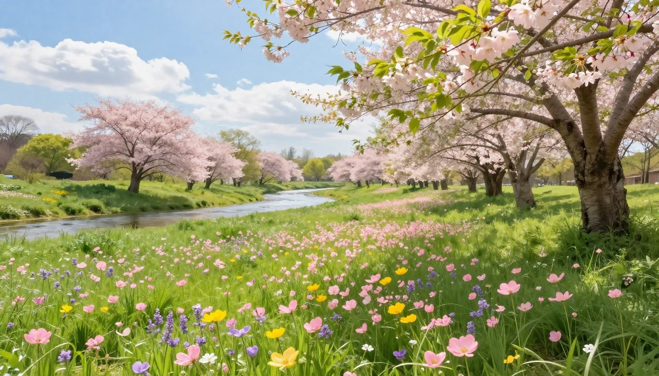 A serene spring landscape featuring a lush green meadow fill...