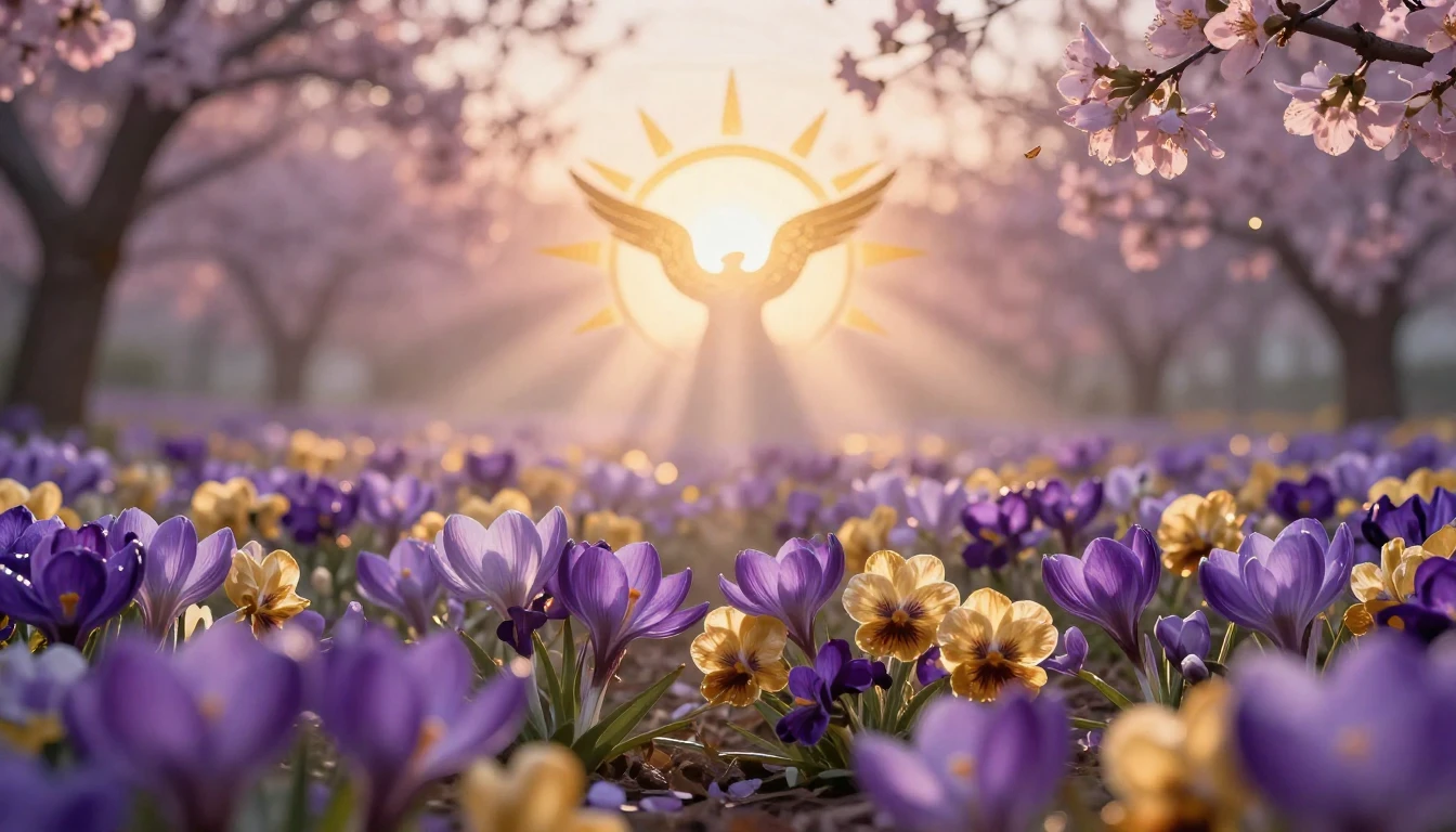 A breathtaking scene of a blooming garden at sunrise, where ...