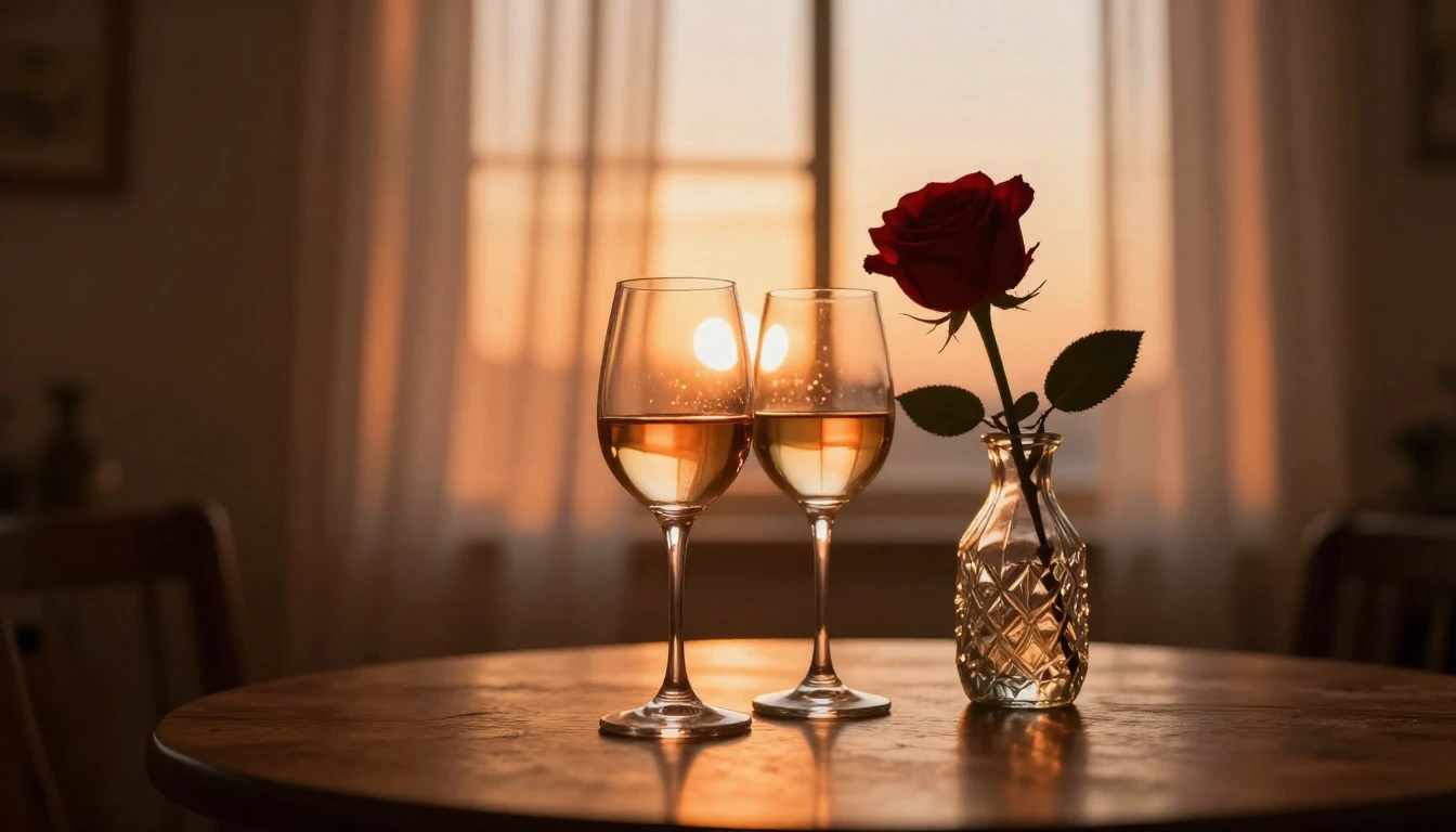 A cozy, dimly lit room during a golden sunset. On a wooden t...