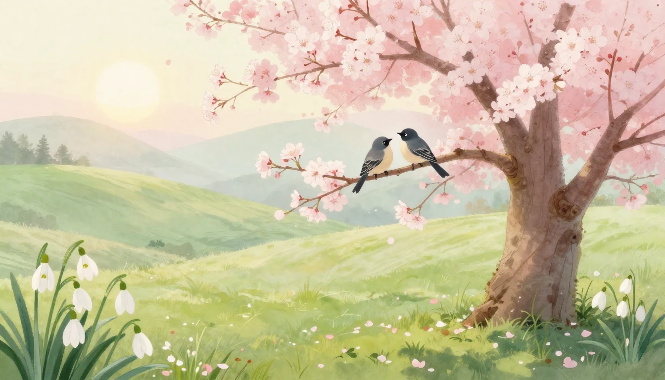 A serene landscape representing the arrival of spring. Soft ...