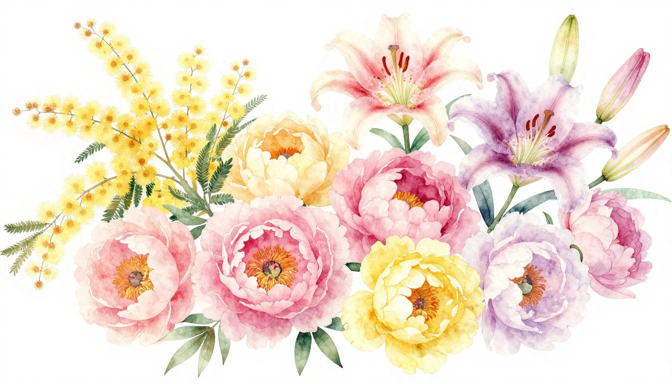 A delicate and vibrant watercolor painting featuring a varie...