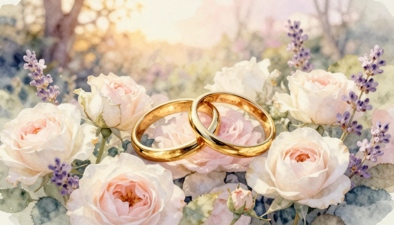 A beautiful watercolor painting of two intertwined golden ri...