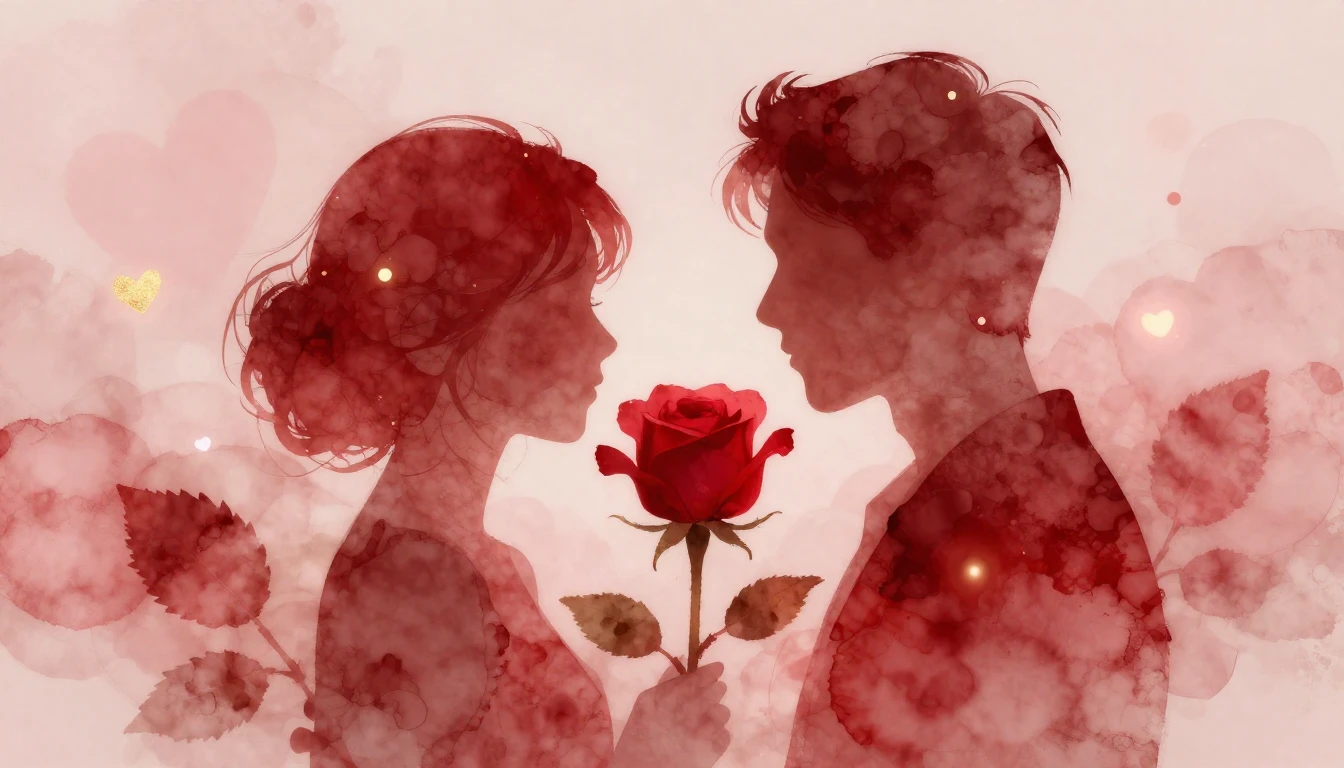 A delicate and ethereal scene featuring two intertwined silh...